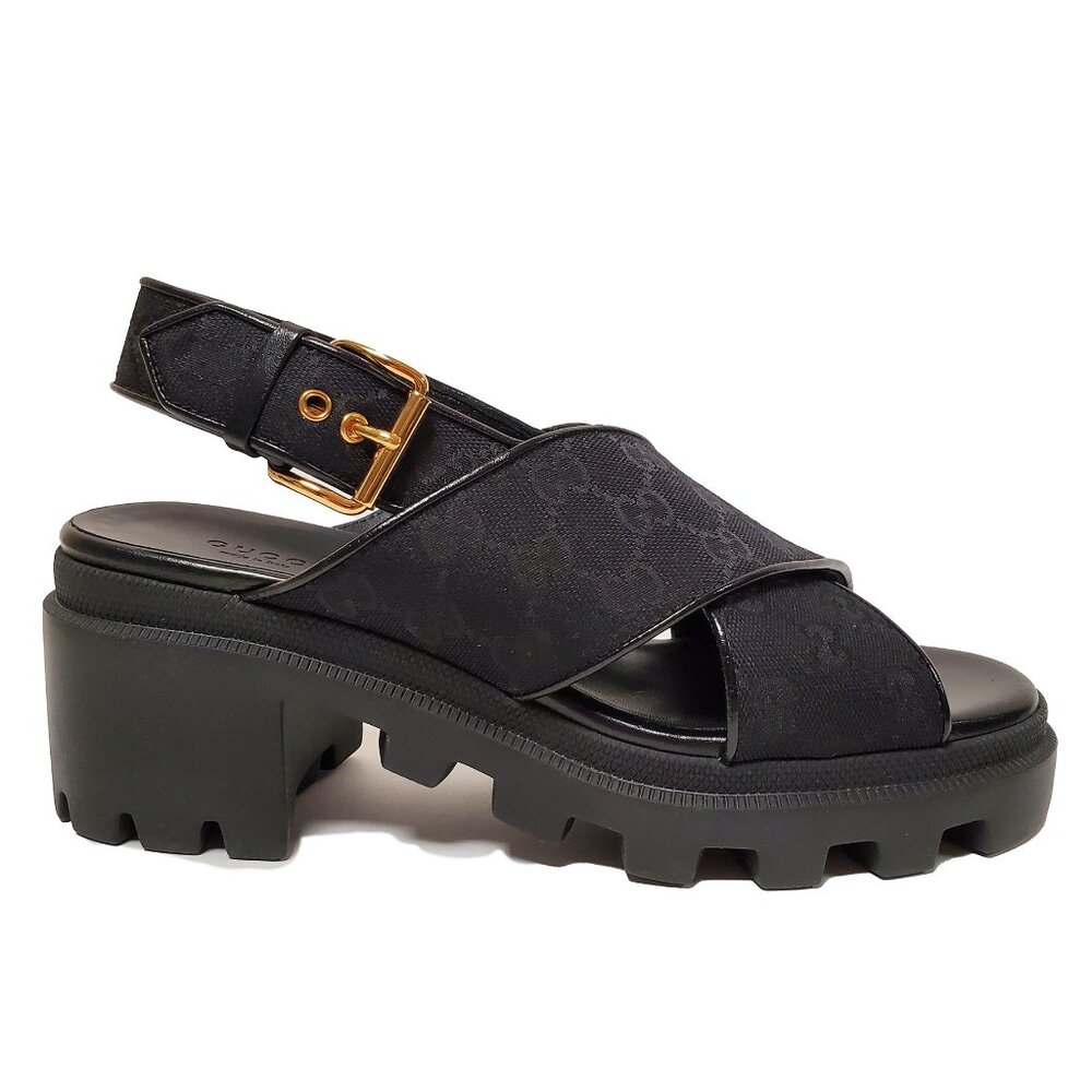 GUCCI SHOES BLACK GG SUPREME CANVAS CHUNKY LUG SOLE SANDALS